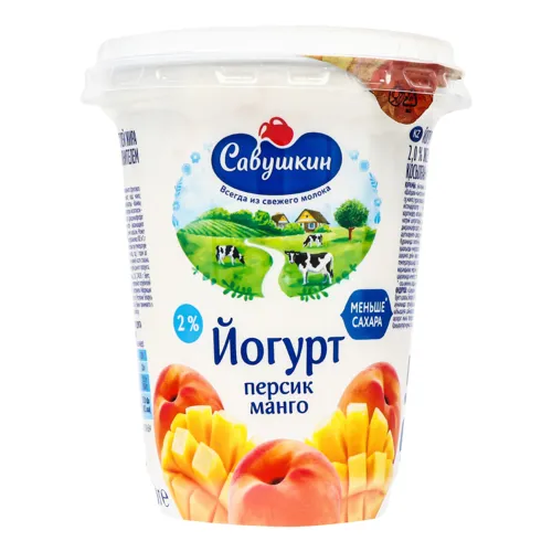 Йогурт 2% Персик-манго Савушкин ст 350г