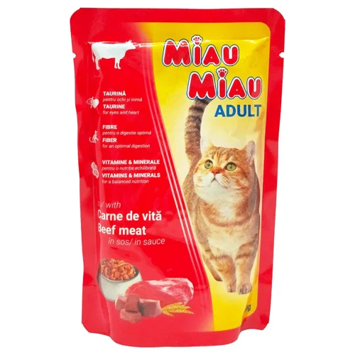 Корм вологий Miau Miau з яловичиною для дорослих котів 100г