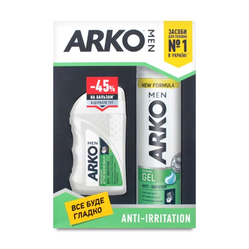 Подарунковий Набір ARKO MEN Гель для Гоління Anti-Irritation 200мл + Бальзам Після Гоління Anti-Irritation 150мл зі Знижкою 45%