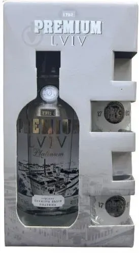 Набір Горілка "Преміум Львів. Платина" 0,7л+2 стакани по 50мл