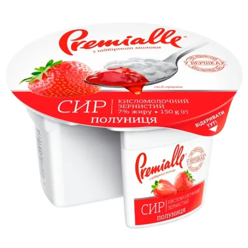 Сир кисломолочний Premialle Полуниця зернистий 7%, 150г