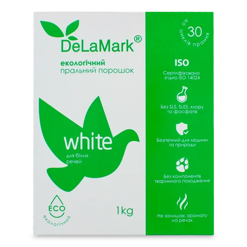 Пральний Концентрований Безфосфатний Порошок White Eco DeLaMark, 1 кг