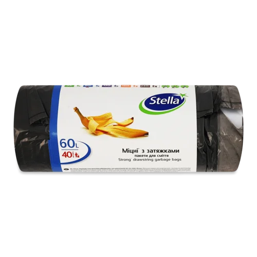 Пакети Для Сміття Міцні З Затяжками, 60л, Stella, 40шт
