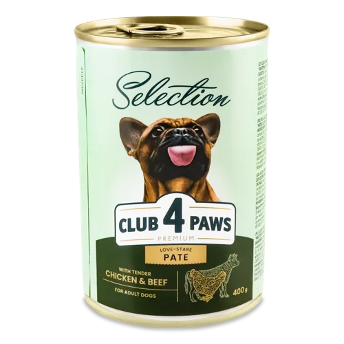 Корм Консервований Для Дорослих Собак Pate з Куркою та Яловичиною Premium Club 4 Paws, з/б 400г