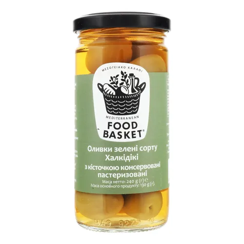Оливки зелені пастеризовані сорту Халкідікі Food basket с/б 240г