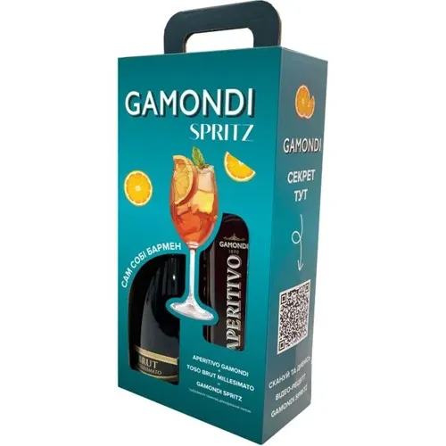Набір Gamondi Spritz: Ликер Gamondi Aperitivo, 13,5%, 1л + Ігристе вино Toso Brut Millesimato, 0,75л, 1л, в подарунковій упаковці