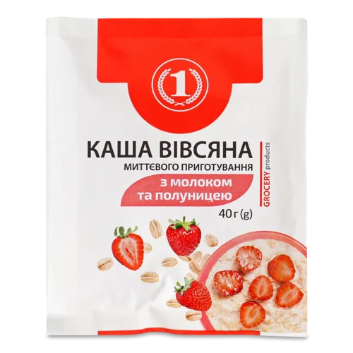Каша Вівсяна Миттєвого Приготування З Молоком Та Полуницею, ТМ '1', м/у 40г
