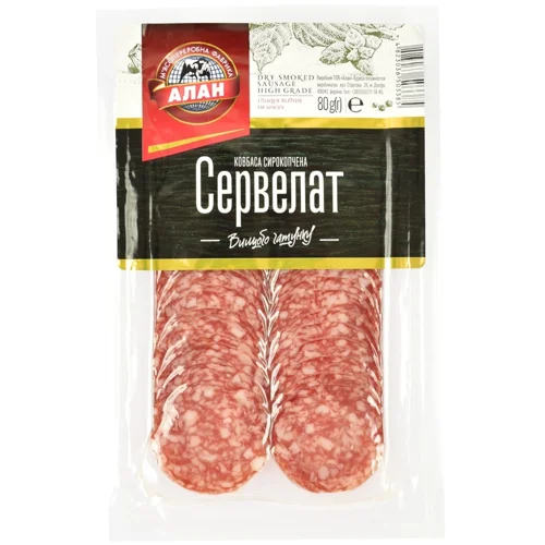 Ковбаса Алан Сервелат нарізана сирокопчена вищий сорт 80г