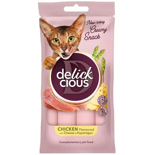Ласощі для котів Delickcious Creamy Snack з куркою, сиром та спаржею 4шт*15г