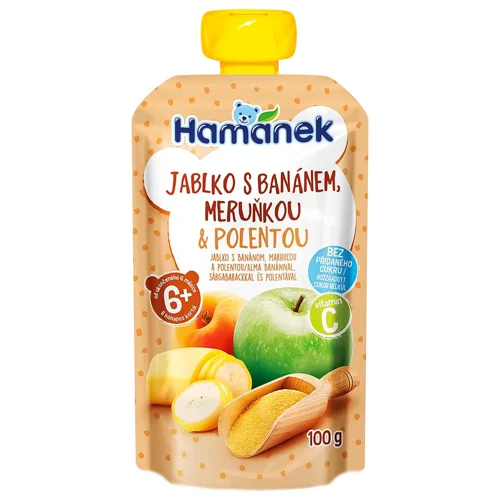 Пюре Hamanek яблуко-банан-абрикос-полента 100г