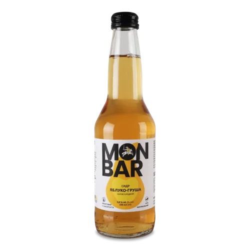 Сидр Напівсолодкий Газований Пастеризований Яблуко-Груша Monbar, 3.8% в/ґ, 330мл