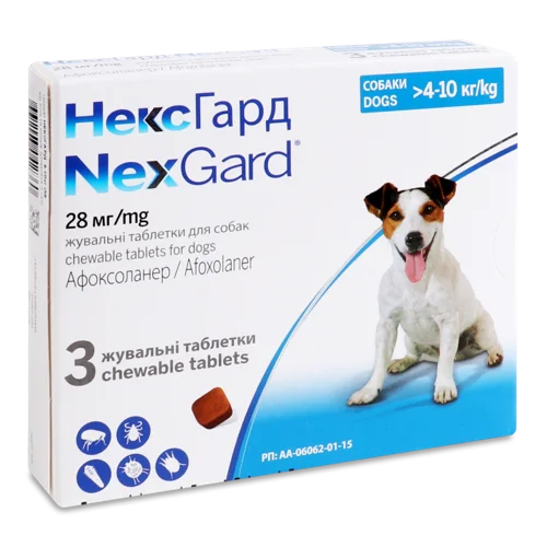 Жувальні Пігулки Для Собак >4-10кг Афоксоланер NexGard 3шт, в/ґ