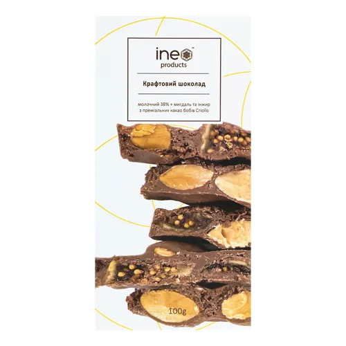 Шоколад 38% крафтовий молочний з мигдалем та інжиром Ineo products, 100г