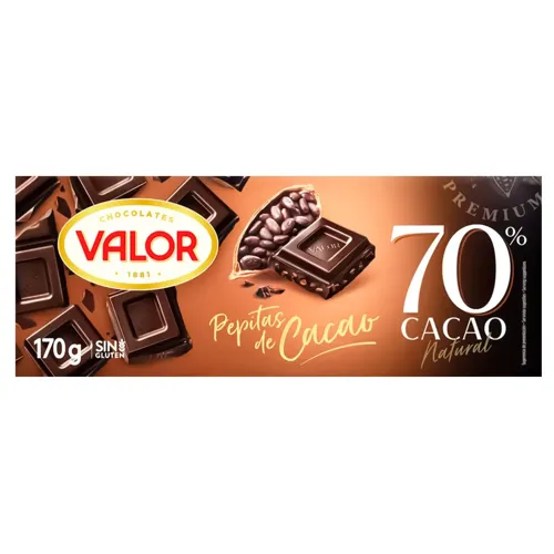 Шоколад чорний Valor зі шматочками смажених какао бобів 70%, 170г