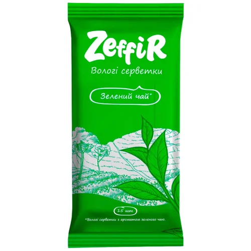 Серветки вологі ZeffiR з ароматом зеленого чаю 15шт