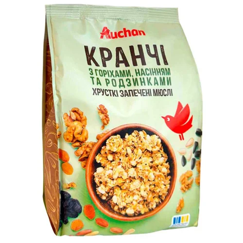 Кранчі Auchan з горіхами, насінням та родзинками 350г