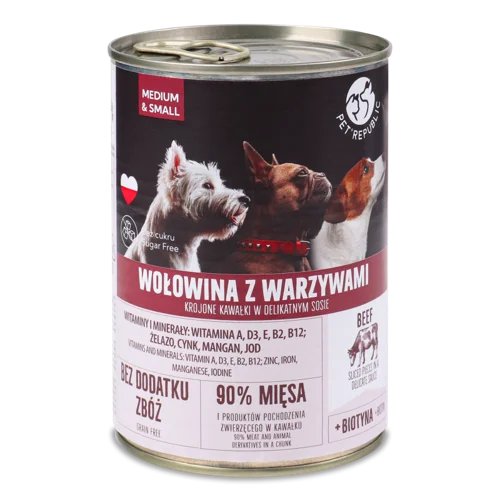 Корм Консервований Для Собак У Соусі З Шматочками Яловичини Та Овочами Pet Republic, з/б 400г