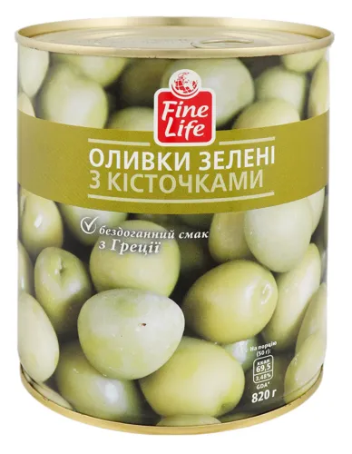 Оливки зелені з кісточкою Fine Life з/б 820г