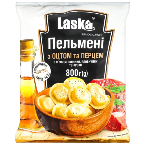 Пельмені Laska З оцтом та перцем з м'ясом свинини, яловичини та курки 800г