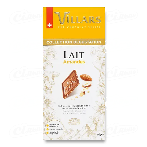 Шоколад молочний Villars з мигдалем, 100г
