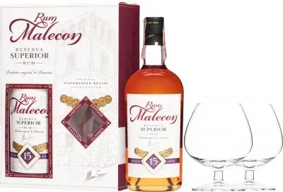 Ром Malecon Reserva Superior 15 років витримки 0.7л 40% в подарунковій упаковці + 2 стакани