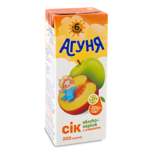Сік Дитячий З М'якоттю Освітлений Відновлений Стерилізований Яблуко-Персик Агуня, т/п 200мл
