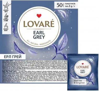 Чай чорний цейлонський Lovare Earl Grey з ароматом бергамота 50 пакетиків в індивідуальних конвертах