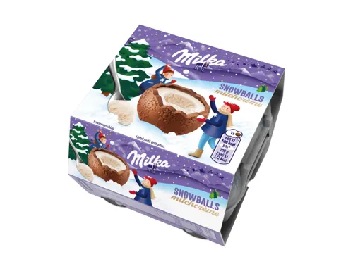 Фігурний шоколад молочний Milka Snowballs у формі кулі з кремовою молочною начинкою 112г