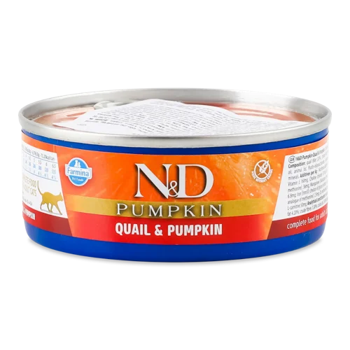 Корм Консервований Повнораціонний Дієтичний для Дорослих Котів Quail&Pumpkin Pumpkin N&D Farmina, з/б 70г