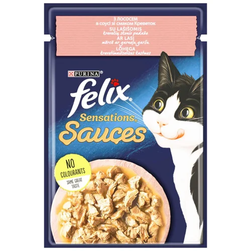 Корм для дорослих котів Felix Sensations Sauces лосось в соусі з креветками 100г