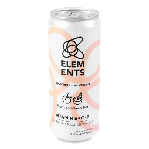 Напій Безалкогольний Соковий Слабогазований З Персиком Та Зеленим Чаєм Elements, З/б 330мл