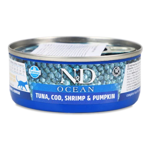 Корм Консервований Повнораціонний Для Дорослих Котів Tuna, Cod, Shrimp & Pumpkin Ocean N&D Farmina, з/б 70г