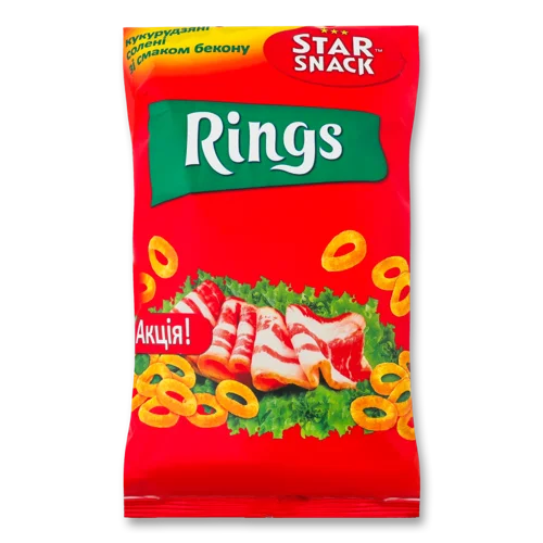 Сухі Кукурудзяні Солені Смак Бекону Rings Star Snack, м/у 60г