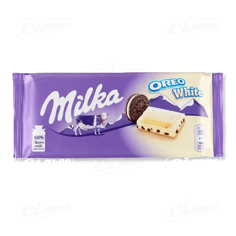 Шоколад білий Milka зі смаком ванілі та шматочками печива Oreo, 100г