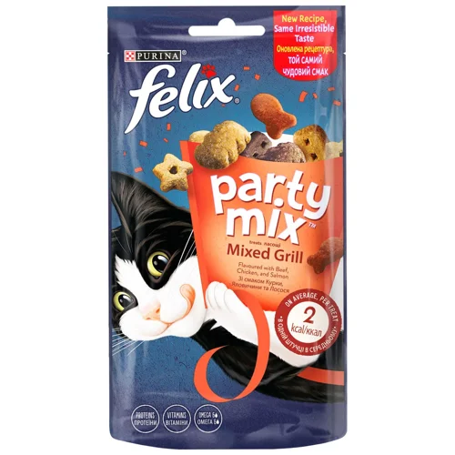 Ласощі для котів Felix Party Mix Mixed Grill з куркою, яловичиною та лососем 60г