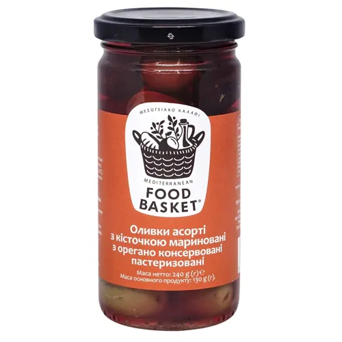 Оливки Food basket Асорті з кісточкою мариновані з орегано пастеризовані 260г
