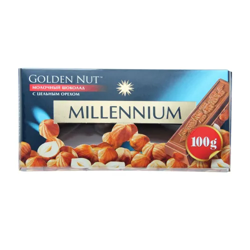 Шоколад молочний з цілими лісовими горіхами Golden nut Millennium к/у 100г