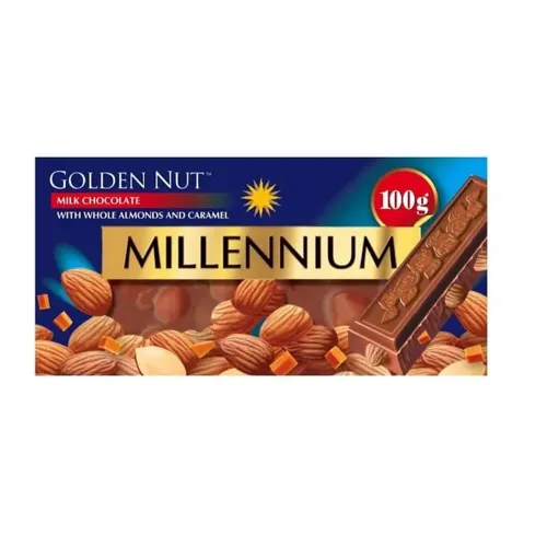 Шоколад “Millennium Gold” молочний з цілим мигдалем та карамеллю 100г