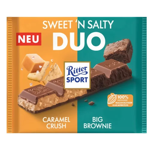 Шоколад молочний Ritter Sport Sweet'N Salty з брауні, солоною карамеллю та шматочками солоного бісквіта 218г