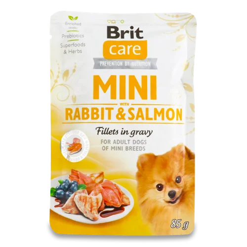 Вологий Корм Для Дорослих Собак Rabbit&Salmon Mini Care Brit, Натуральна Оболонка, 85г
