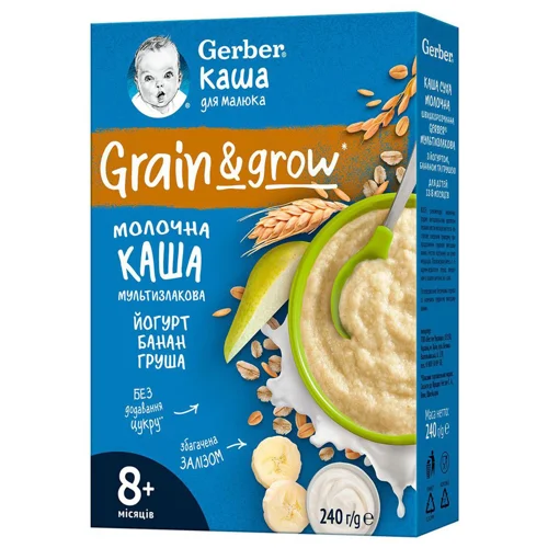 Каша молочна Gerber мультизлакова з йогуртом, бананом і грушею 240г