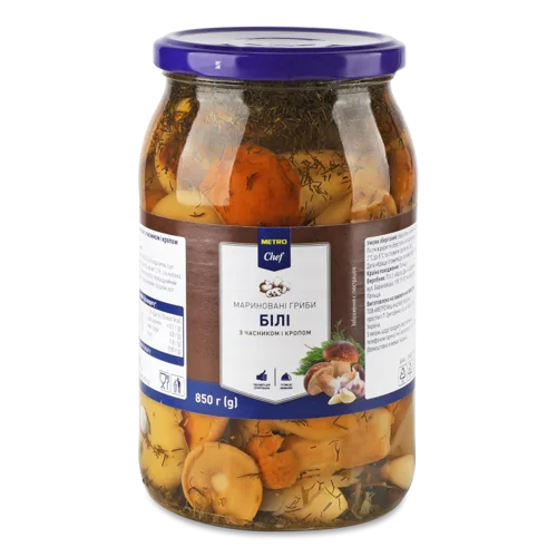 Гриби білі мариновані з часником і кропом с/б 850г