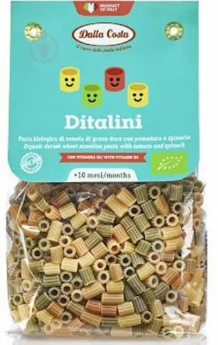 Паста Ditalini з томатом, шпинатом та вітаміном B1 органічна 200г ТМ DALLA COSTA