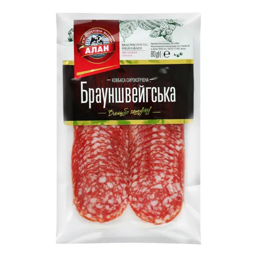 Ковбаса Брауншвейгська Алан сиров'ялена вищого ґатунку 0.08кг