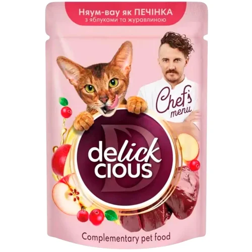 Корм вологий Delickcious Chef's Menu з печінкою, яблуком та журавлиною для котів 85г