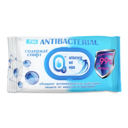 Вологі Серветки З Спиртом Antibacterial O³ 72шт