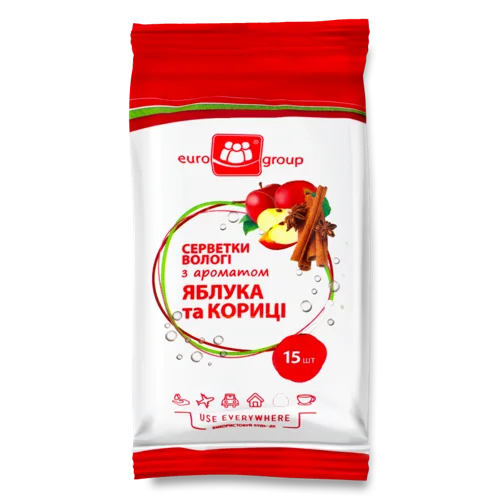 Вологі Серветки Еврогруп Яблука-Кориці, 15 шт.