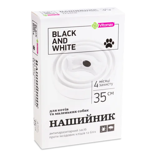 Нашийник Антипаразитарний Для Котів Та Маленьких Собак Білий 35см Black And White Vitomax, 1шт