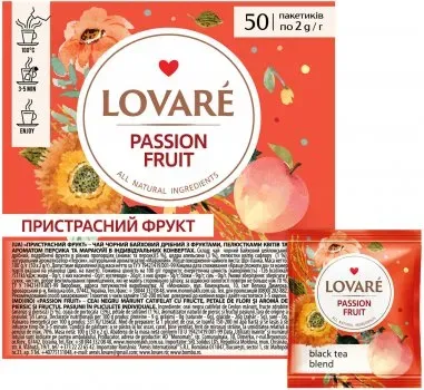 Чай чорний цейлонський Lovare "Фрукт страсти" з фруктами, пелюстками квітів та натуральним ароматом персика і маракуї 50 пакетиків в індивідуальних конвертах
