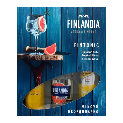 Набір Finlandia горілка Грейпфрут 37,5% 0,5л + Напій Schweppes Indian Tonic 2шт*0,33л подарункова упаковка